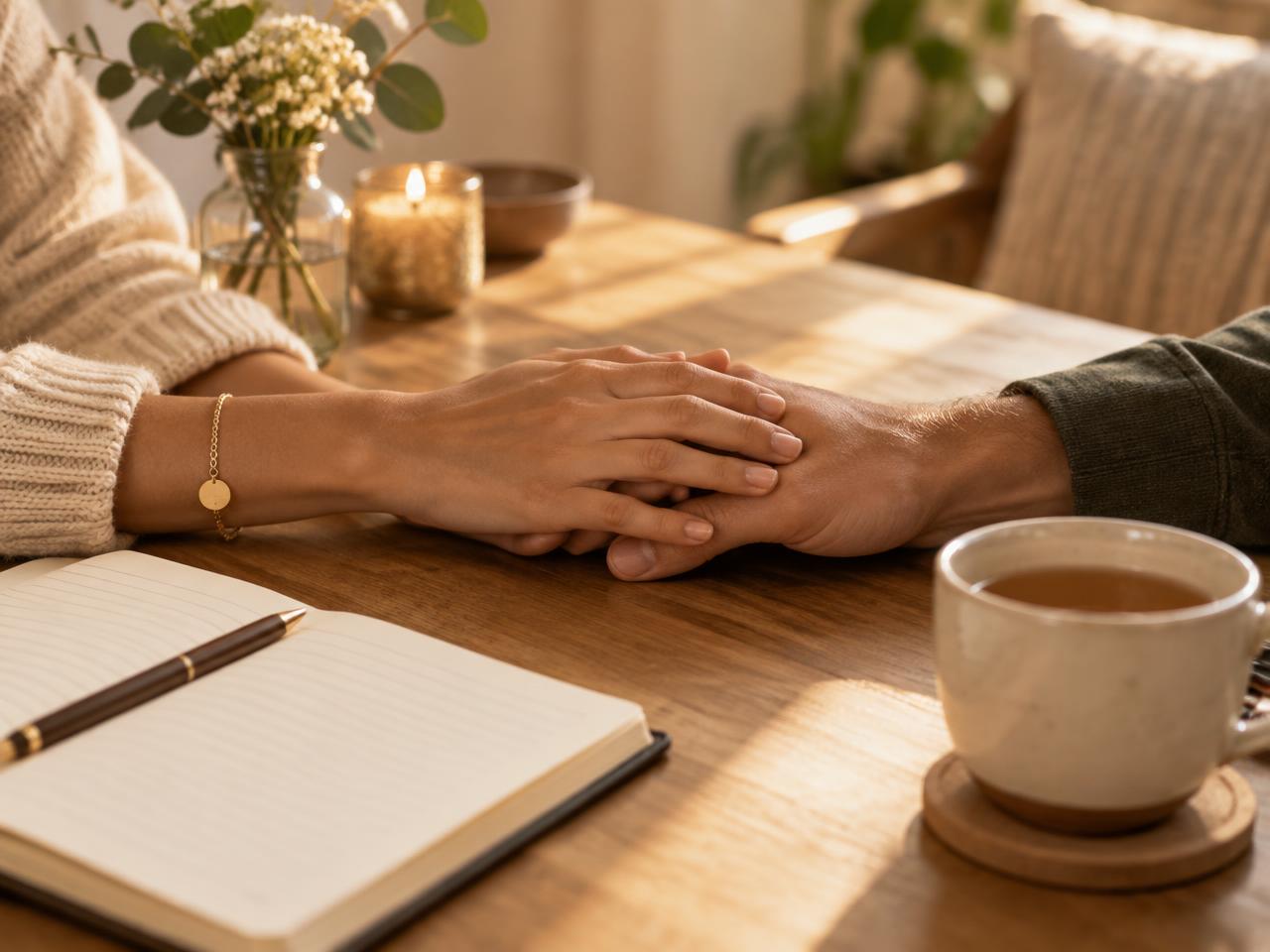 Two people sitting together at a table with an open workbook